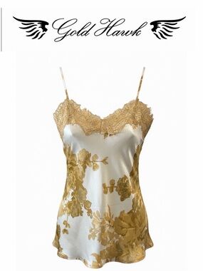 NWT Gold Hawk GH4463 100% Silk Golden Bloom/Fall Camel Lace Cami Size S